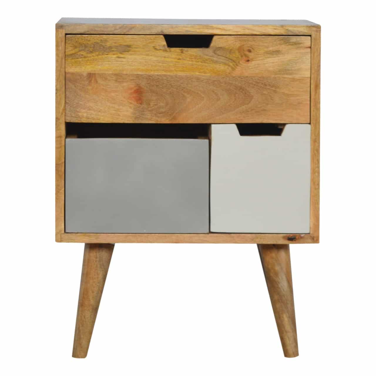 Scandinavian Style Bedside Table With Three Grey Painted Drawers 